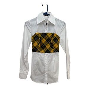 Petersyn Monroe Tartan Tie Back Button Down Shirt Women's XS White Yellow NWT